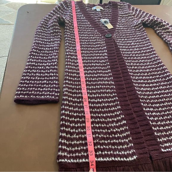 NWT Decree Knit Duster Long Cardigan Purple Snowdrift Fringe Hem Medium Stripes - Picture 10 of 14
